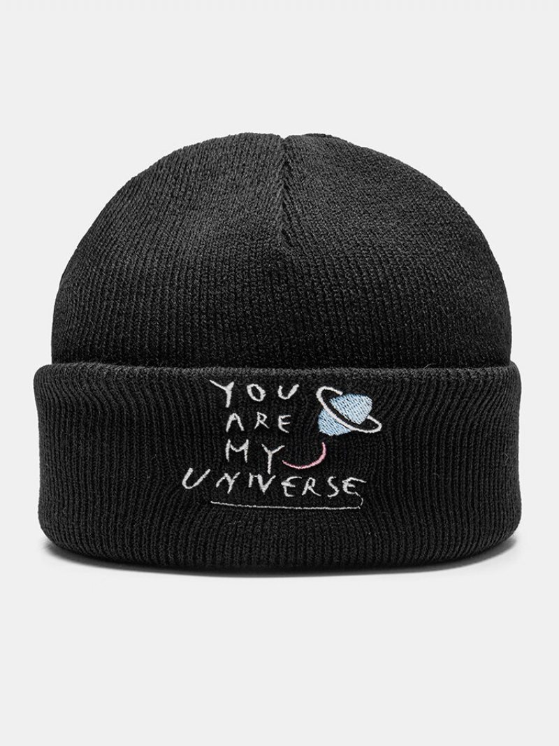 Unisex Akrylowa Dzianina Cartoon Planeta List Wzór Haftu Kołnierz Bez Brimless Oddychająca Ciepła Czapka Beanie