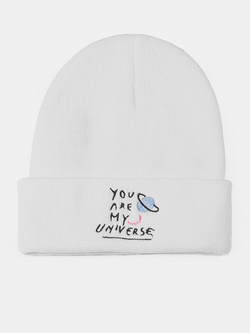 Unisex Akrylowa Dzianina Cartoon Planeta List Wzór Haftu Kołnierz Bez Brimless Oddychająca Ciepła Czapka Beanie