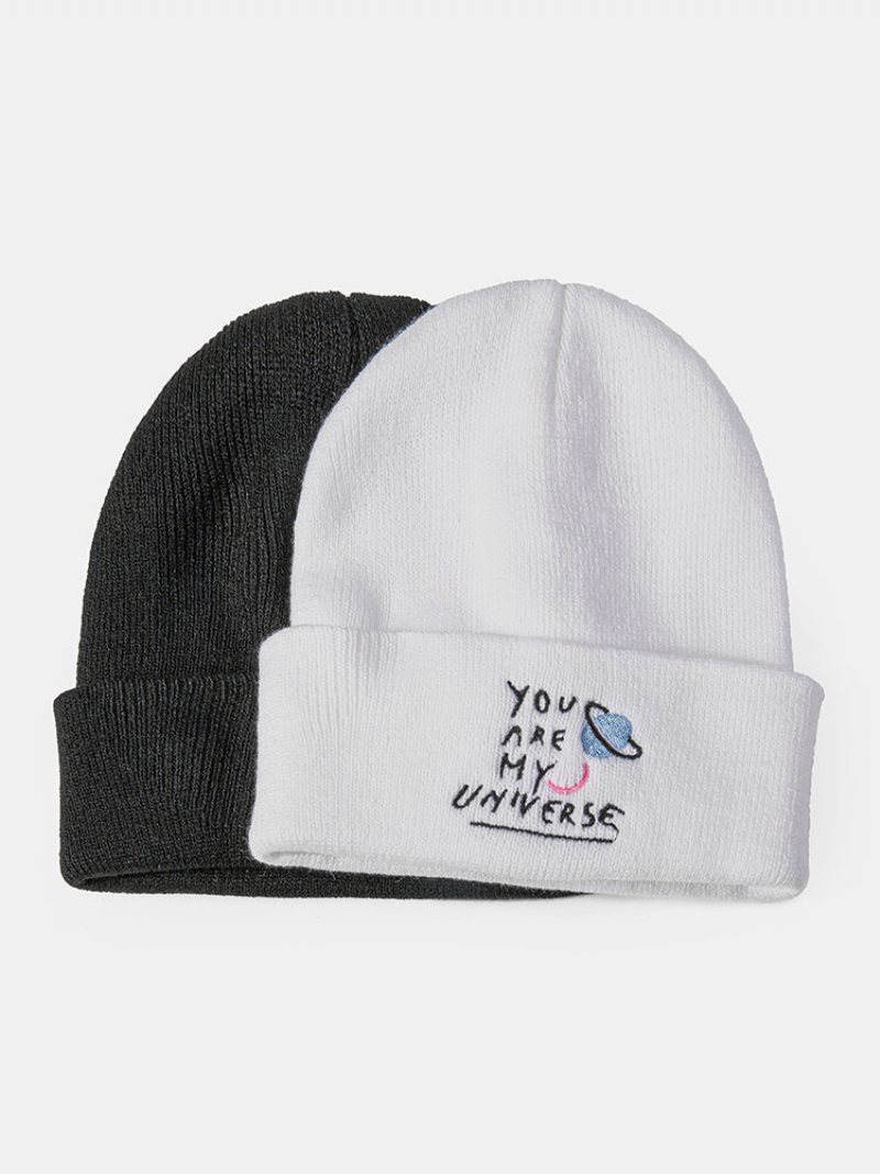 Unisex Akrylowa Dzianina Cartoon Planeta List Wzór Haftu Kołnierz Bez Brimless Oddychająca Ciepła Czapka Beanie