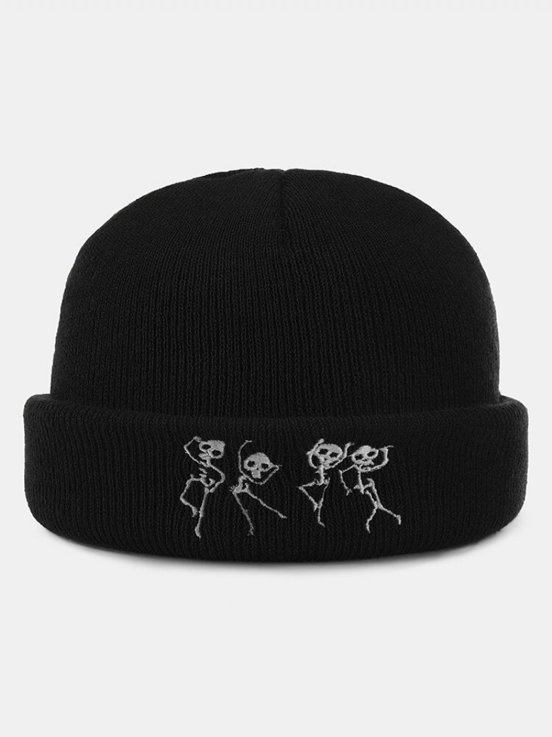 Unisex Akrylowa Dzianina Tańcząca Czaszka Wzór Haftu Moda Ciepło Brimless Czapka Beanie