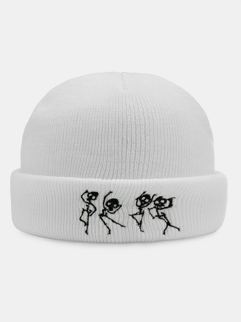 Unisex Akrylowa Dzianina Tańcząca Czaszka Wzór Haftu Moda Ciepło Brimless Czapka Beanie