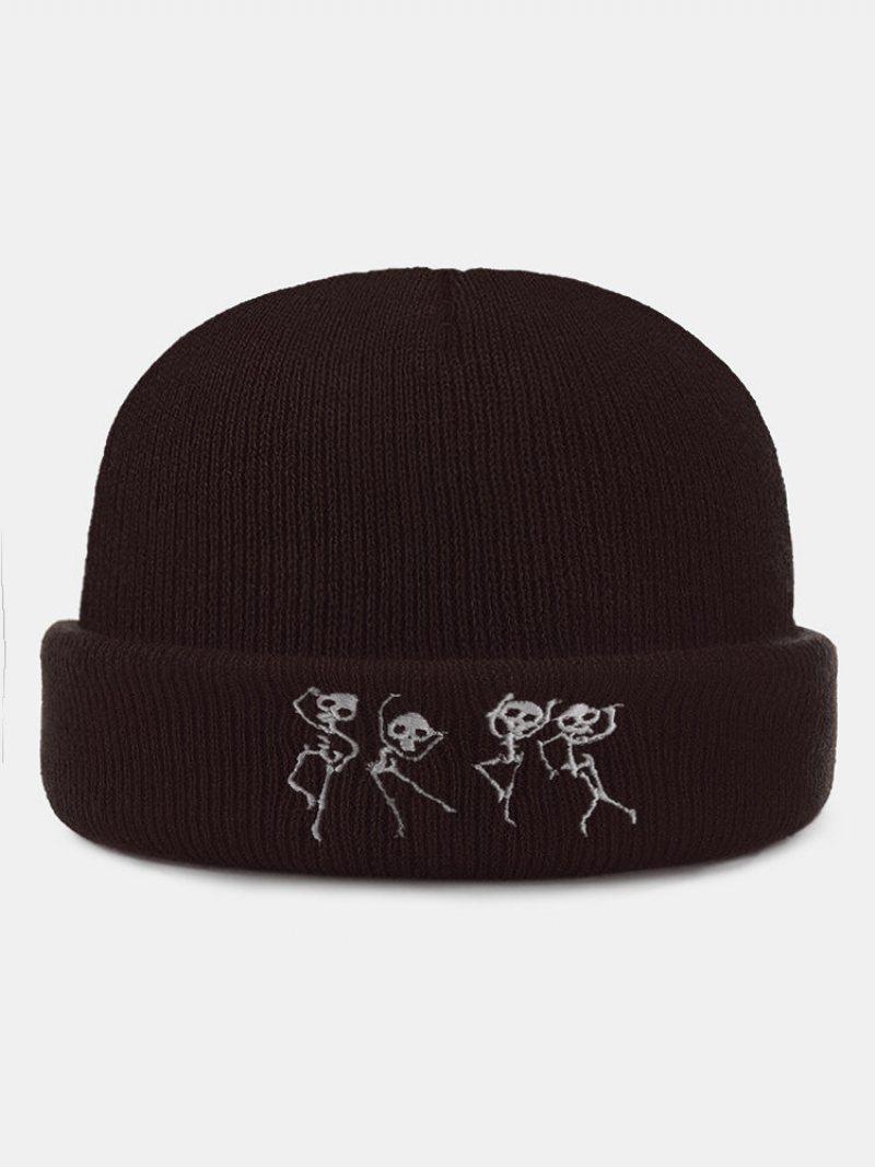 Unisex Akrylowa Dzianina Tańcząca Czaszka Wzór Haftu Moda Ciepło Brimless Czapka Beanie