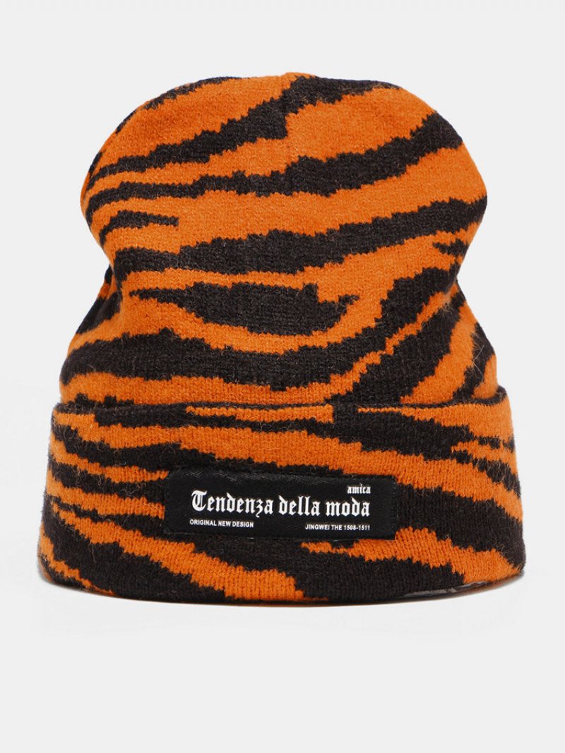 Unisex Akrylowa Dzianina Wzór Zebry List Tkanina Etykieta Moda Ciepło Brimless Czapka Beanie