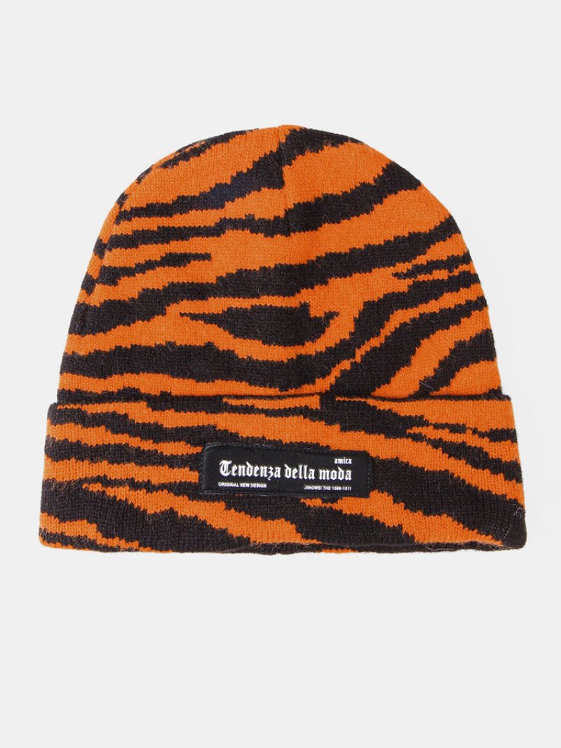 Unisex Akrylowa Dzianina Wzór Zebry List Tkanina Etykieta Moda Ciepło Brimless Czapka Beanie