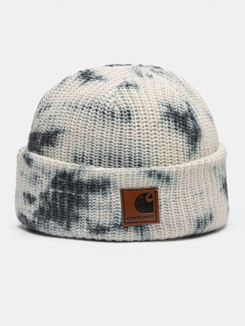 Unisex Bawełniana Dzianina Szydełkowa Tie-dye Litery Etykieta Pu Moda Ciepło Brimless Czapka Beanie