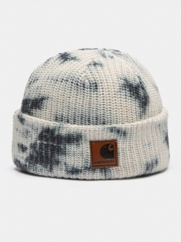 Unisex Bawełniana Dzianina Szydełkowa Tie-dye Litery Etykieta Pu Moda Ciepło Brimless Czapka Beanie