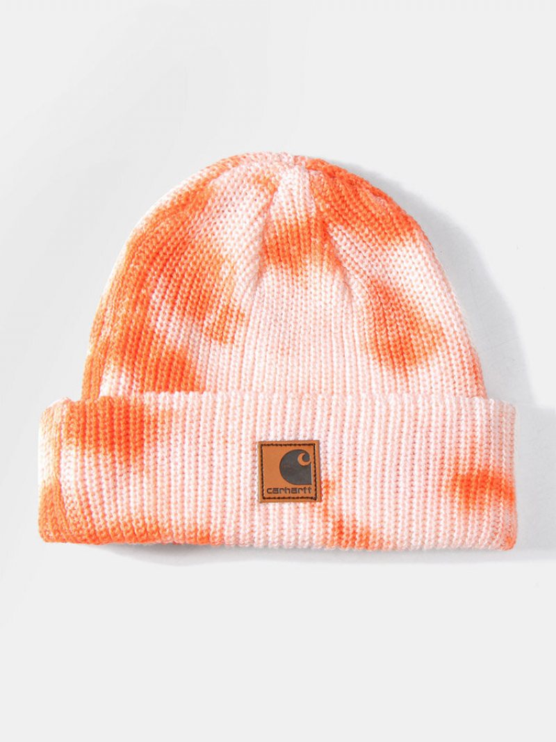 Unisex Bawełniana Dzianina Szydełkowa Tie-dye Litery Etykieta Pu Moda Ciepło Brimless Czapka Beanie