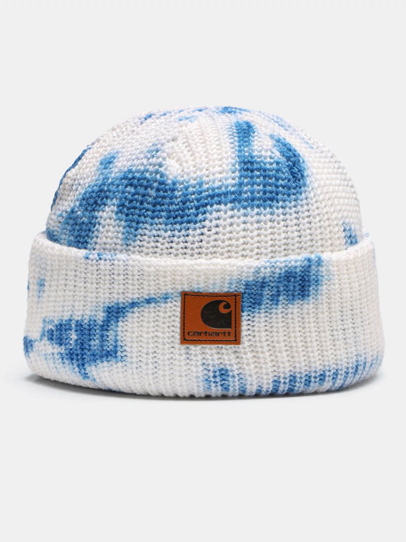 Unisex Bawełniana Dzianina Szydełkowa Tie-dye Litery Etykieta Pu Moda Ciepło Brimless Czapka Beanie