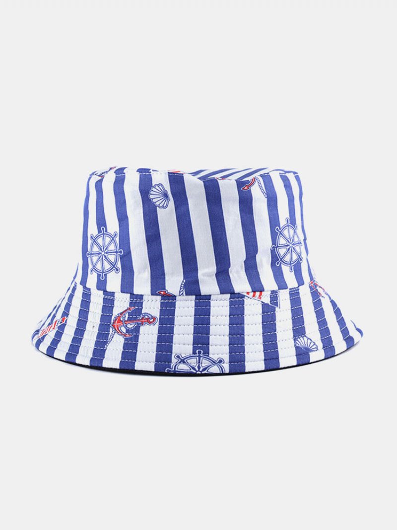 Unisex Bawełniany Dwustronny Pasek Żaglówka Kotwica Ster Drukowanie All Match Sunshade Bucket Hat