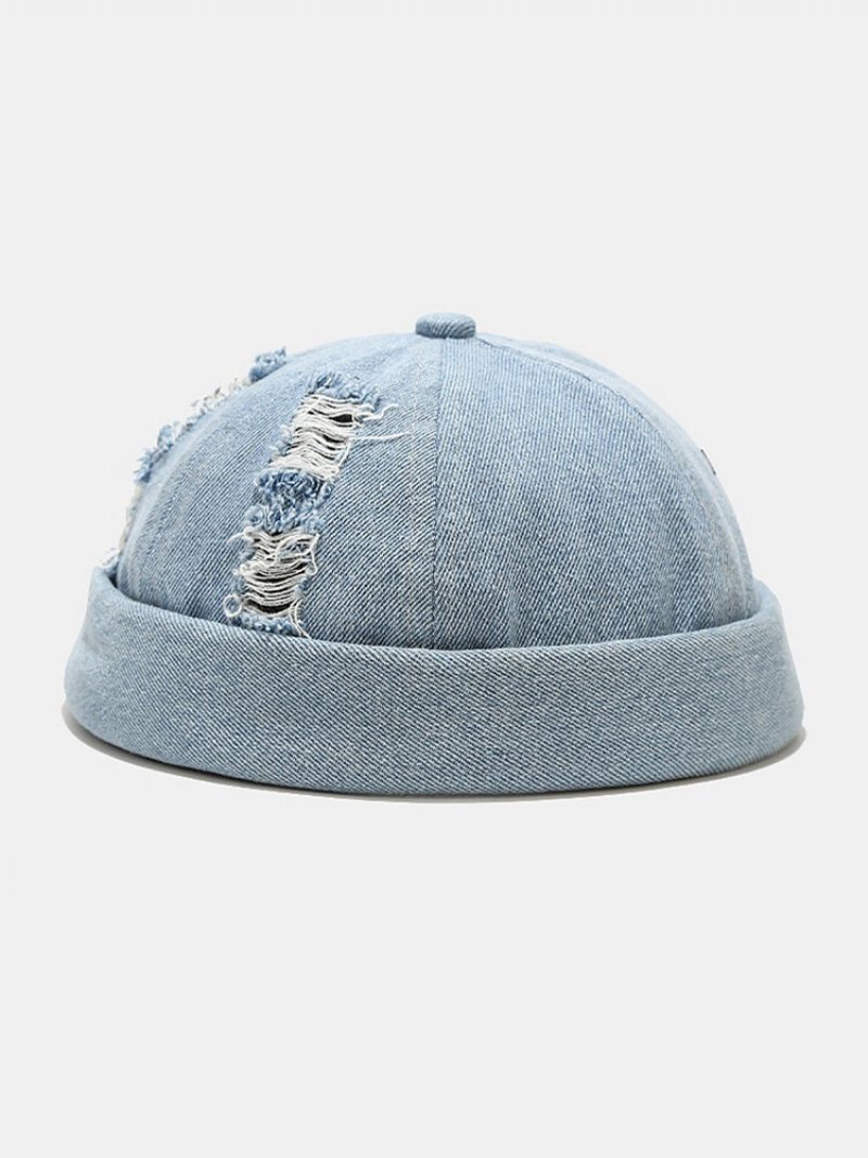 Unisex Denim Broken Holes Made-old Fashion Outdoor Brimless Beanie Landlord Cap Skull Cap