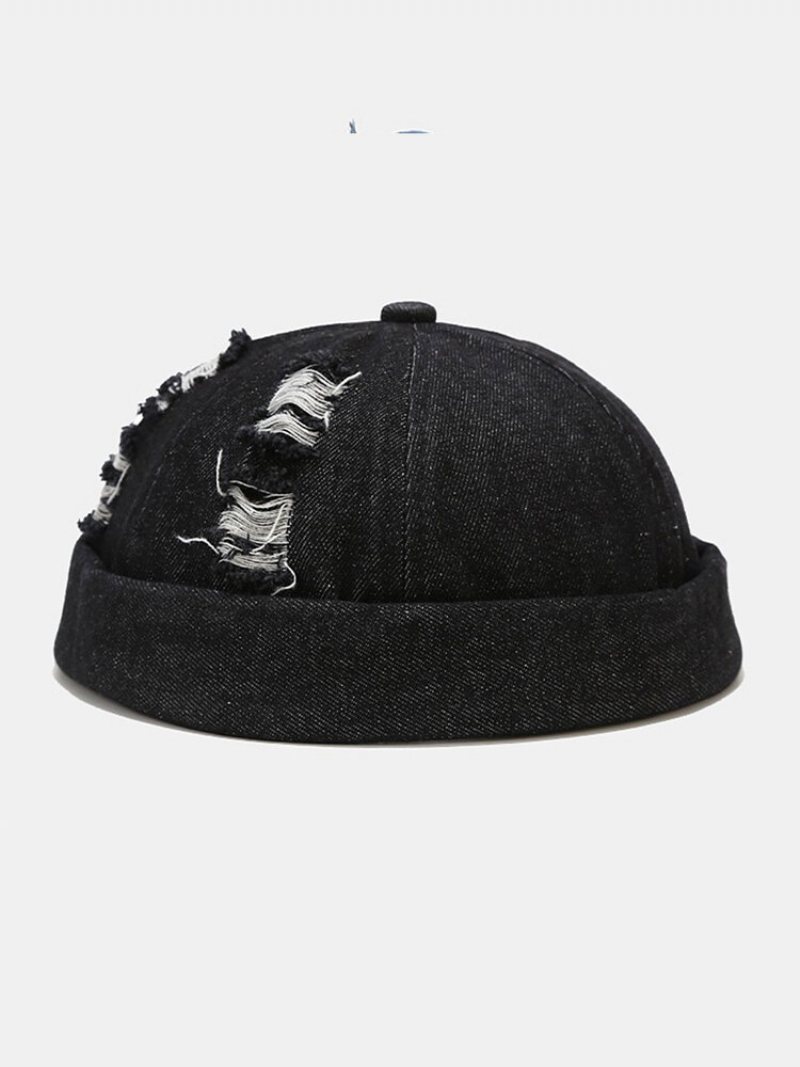 Unisex Denim Broken Holes Made-old Fashion Outdoor Brimless Beanie Landlord Cap Skull Cap