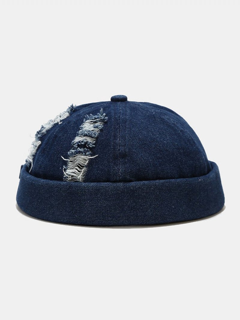 Unisex Denim Broken Holes Made-old Fashion Outdoor Brimless Beanie Landlord Cap Skull Cap