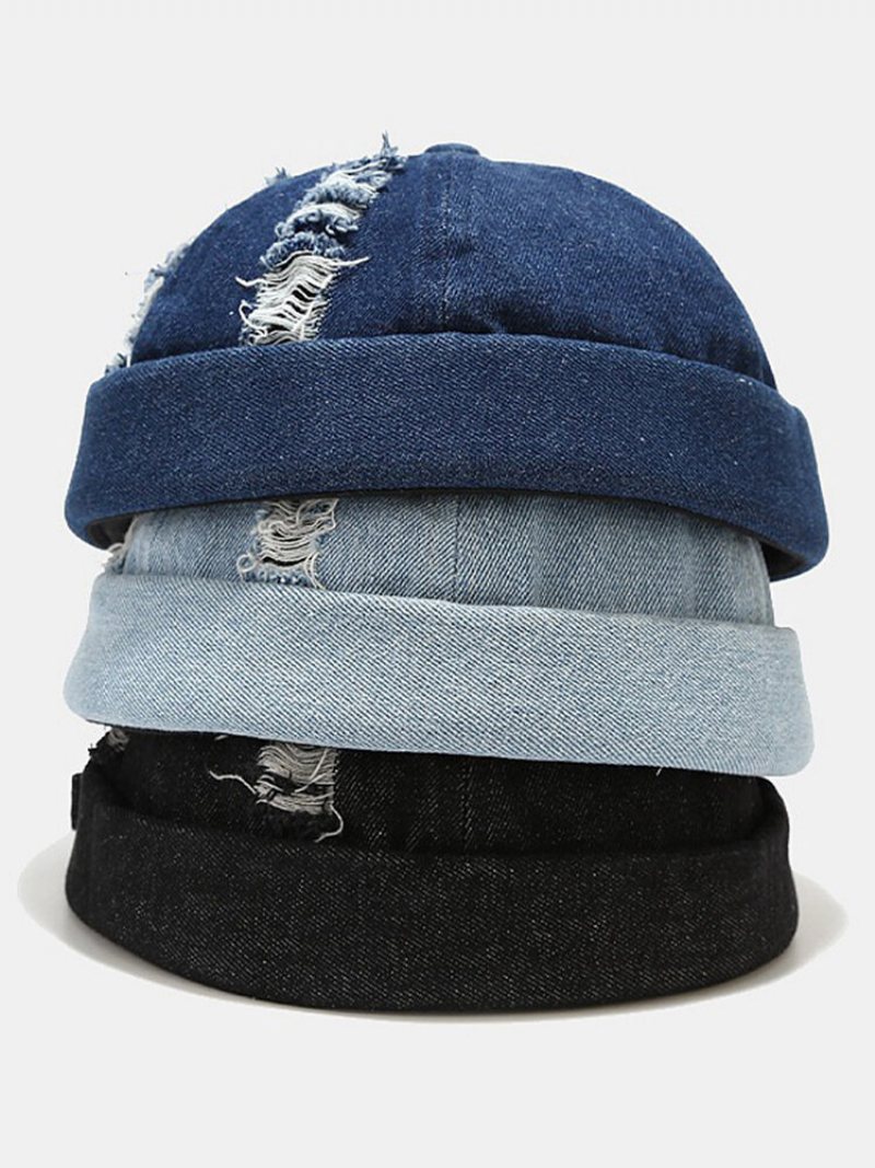 Unisex Denim Broken Holes Made-old Fashion Outdoor Brimless Beanie Landlord Cap Skull Cap