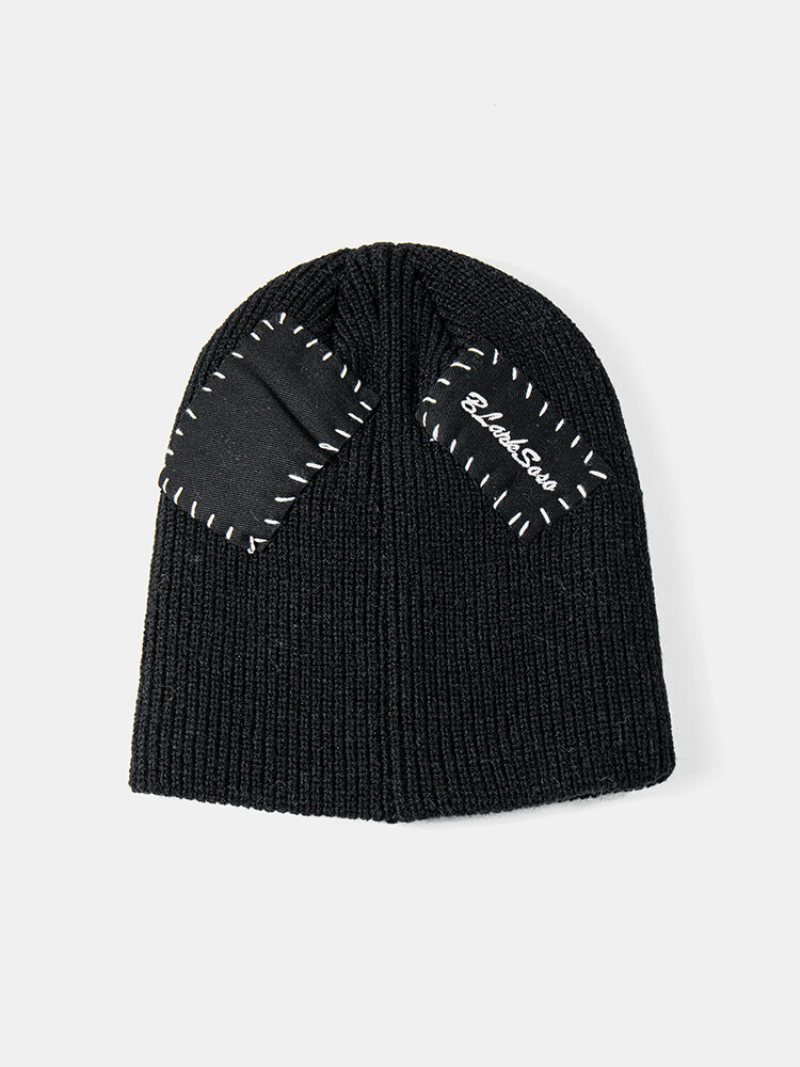 Unisex Dzianinowy Kontrastowy Szew Z Tkaniny Naszywka W Stylu Vintage Ciepła Czapka Beanie Bez Rondla