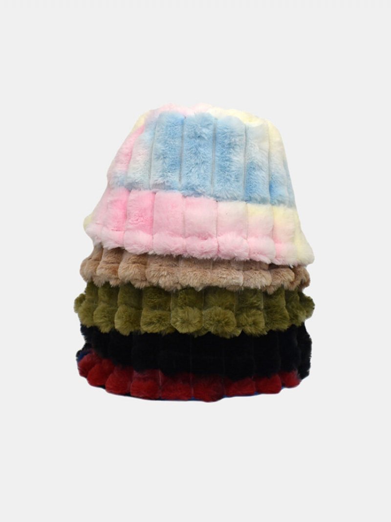 Unisex Faux Rabbit Fur Pluszowe Paski Tie-dye Jesienno-zimowa Czapka Typu Bucket Chroniąca Przed Zimnem