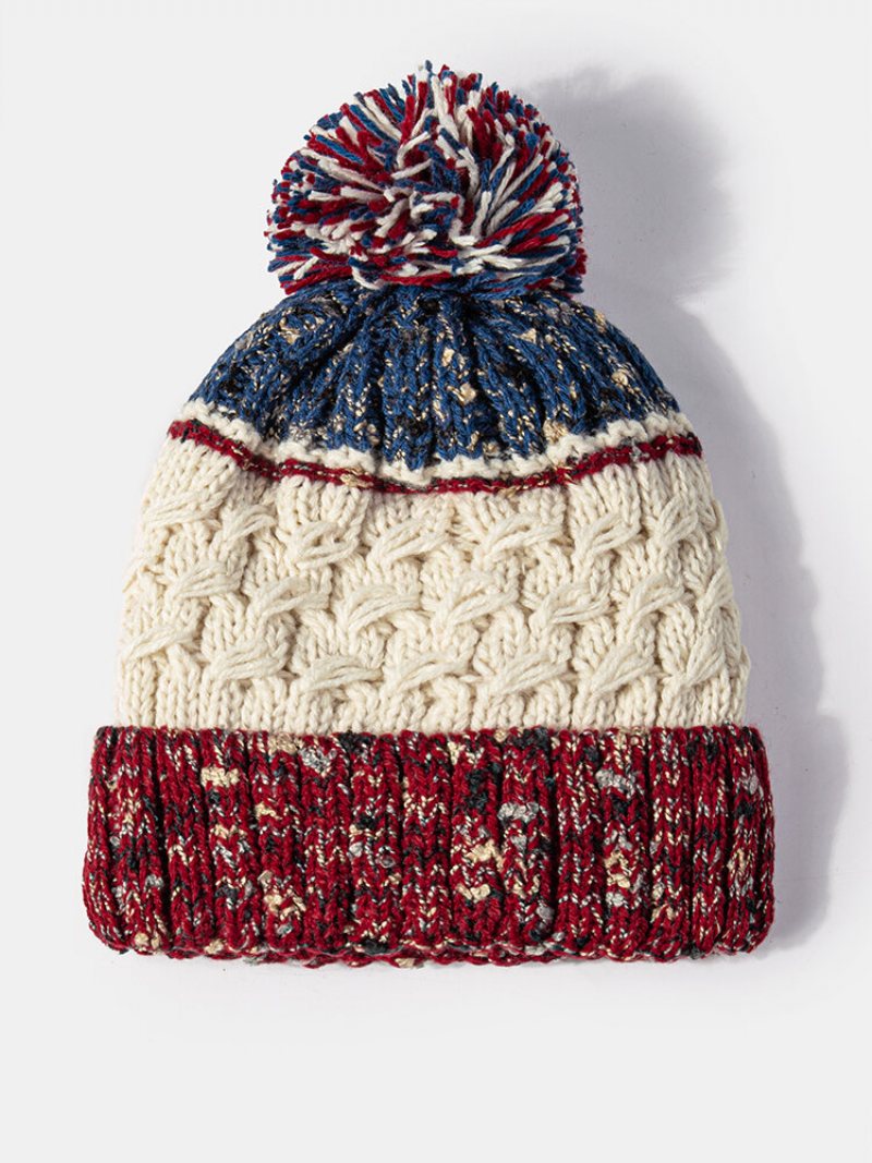 Unisex Mieszany Kolor Dzianiny Plus Aksamitny Zagęszczony Wzór Skrętu Futrzana Dekoracja W Kształcie Kuli Kołnierzowa Ciepła Czapka Typu Beanie