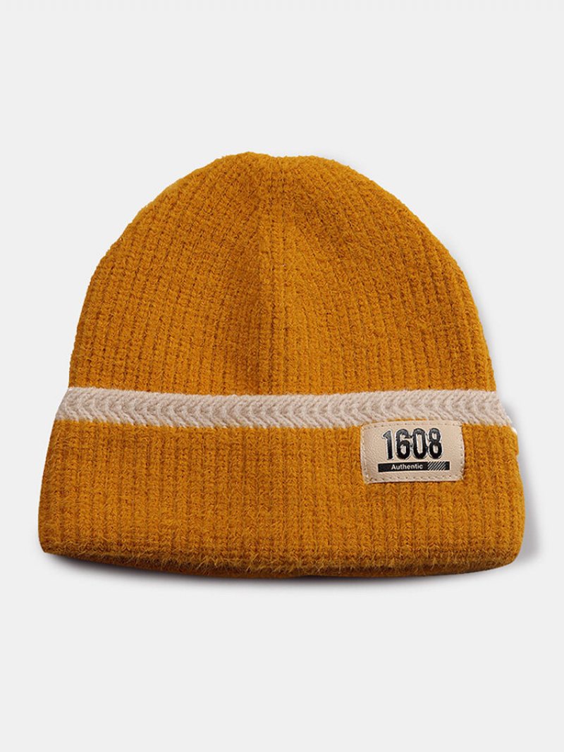 Unisex Moherowa Dzianinowa W Paski Żakardowe Numery Skórzana Etykieta Ochrona Uszu Moda Ciepło Czapka Beanie Bez Rondla