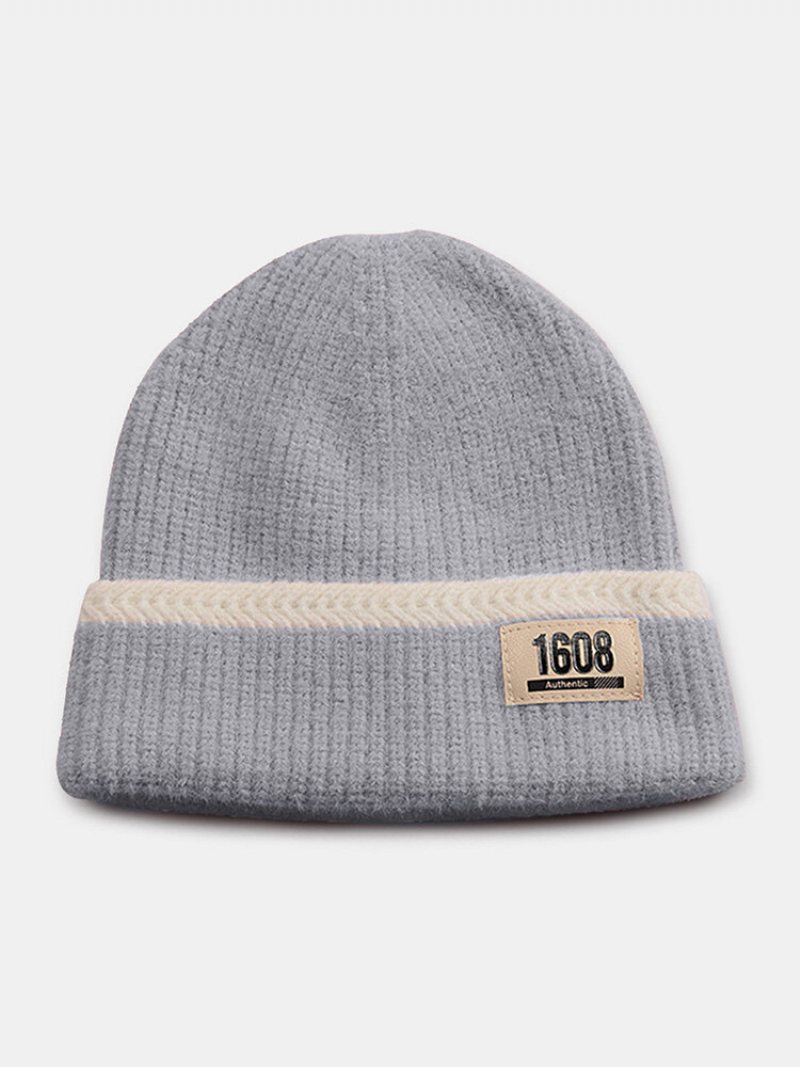 Unisex Moherowa Dzianinowa W Paski Żakardowe Numery Skórzana Etykieta Ochrona Uszu Moda Ciepło Czapka Beanie Bez Rondla