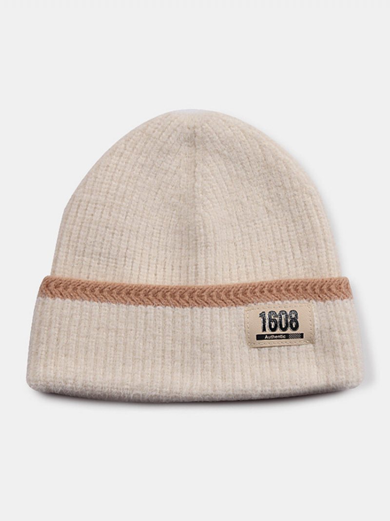 Unisex Moherowa Dzianinowa W Paski Żakardowe Numery Skórzana Etykieta Ochrona Uszu Moda Ciepło Czapka Beanie Bez Rondla