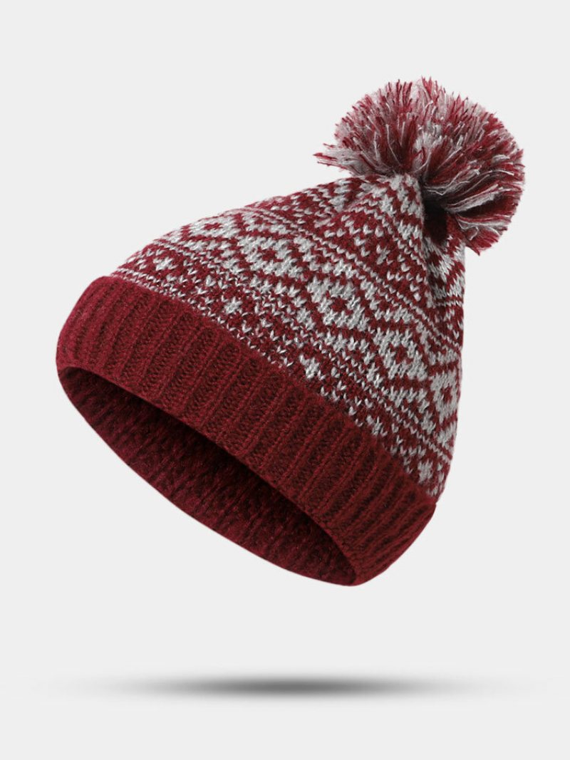 Unisex Nić Bawełniana Dzianinowa Zagęszczona Argyle Żakardowa Futrzana Dekoracja W Kształcie Kulki Ciepła Czapka Beanie Bez Rondla