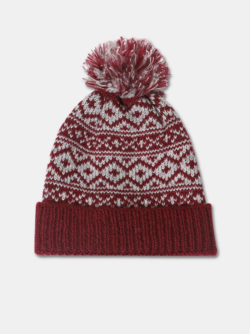 Unisex Nić Bawełniana Dzianinowa Zagęszczona Argyle Żakardowa Futrzana Dekoracja W Kształcie Kulki Ciepła Czapka Beanie Bez Rondla