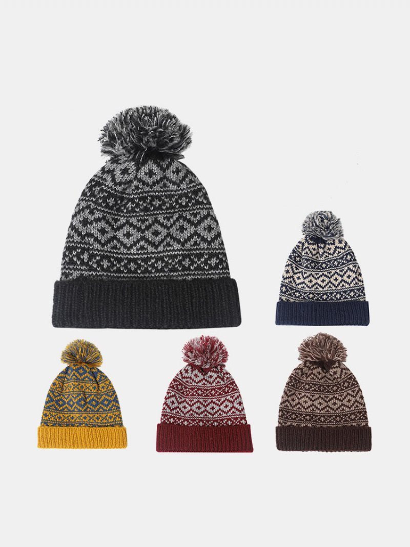 Unisex Nić Bawełniana Dzianinowa Zagęszczona Argyle Żakardowa Futrzana Dekoracja W Kształcie Kulki Ciepła Czapka Beanie Bez Rondla