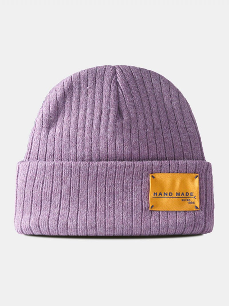 Unisex Solidna Dzianinowa Bawełna W Paski Kontrastowe Litery Naszywka Na Wszystkie Mecze Ciepła Czapka Beanie Bez Ronda