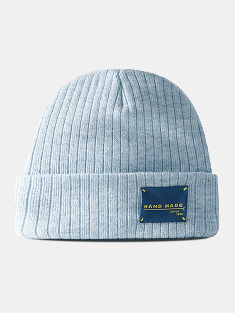 Unisex Solidna Dzianinowa Bawełna W Paski Kontrastowe Litery Naszywka Na Wszystkie Mecze Ciepła Czapka Beanie Bez Ronda