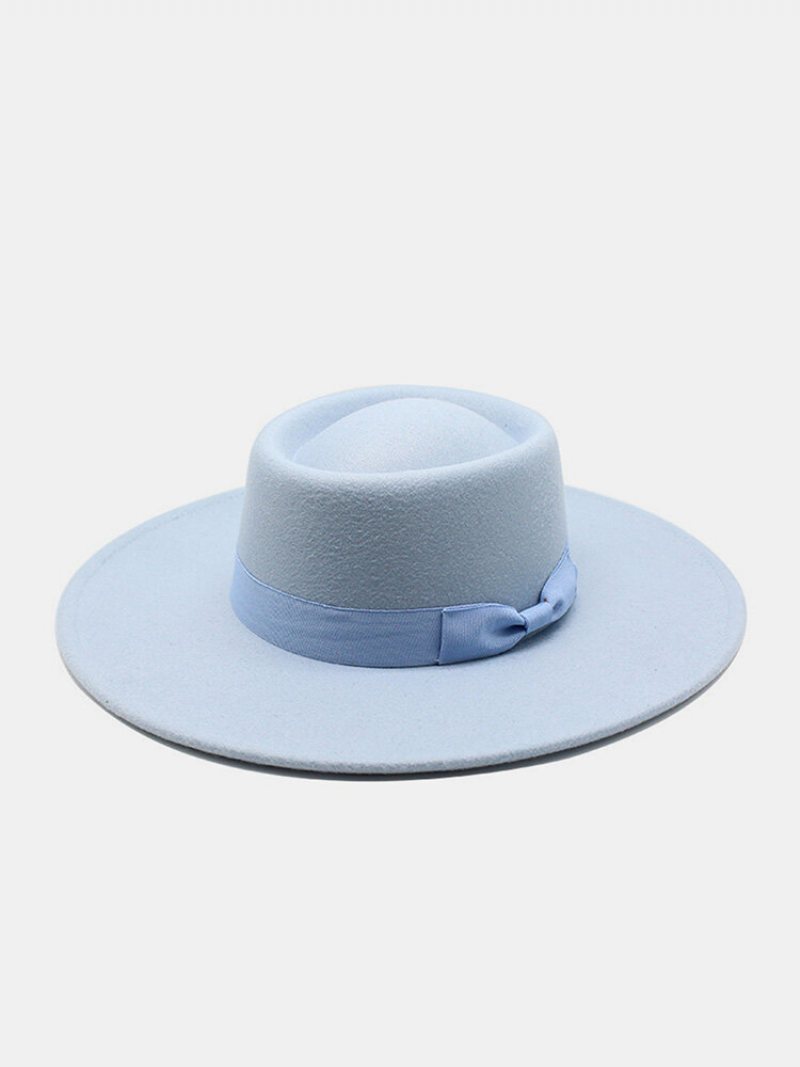 Unisex Wełniany Filc W Jednolitym Kolorze Bandaż Bowknot Dekoracja Wklęsła Górna Czapka Fedora