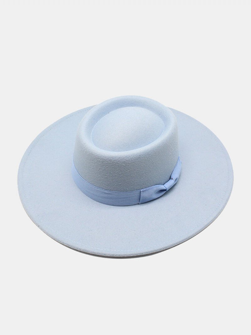 Unisex Wełniany Filc W Jednolitym Kolorze Bandaż Bowknot Dekoracja Wklęsła Górna Czapka Fedora