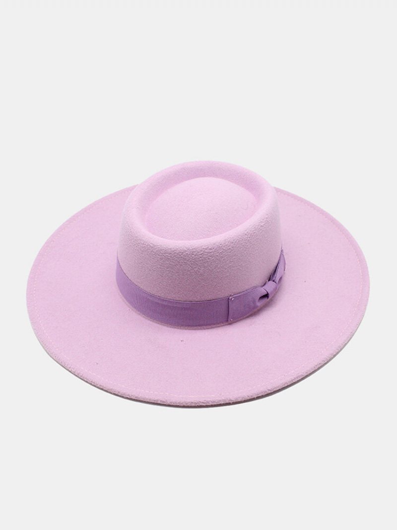 Unisex Wełniany Filc W Jednolitym Kolorze Bandaż Bowknot Dekoracja Wklęsła Górna Czapka Fedora