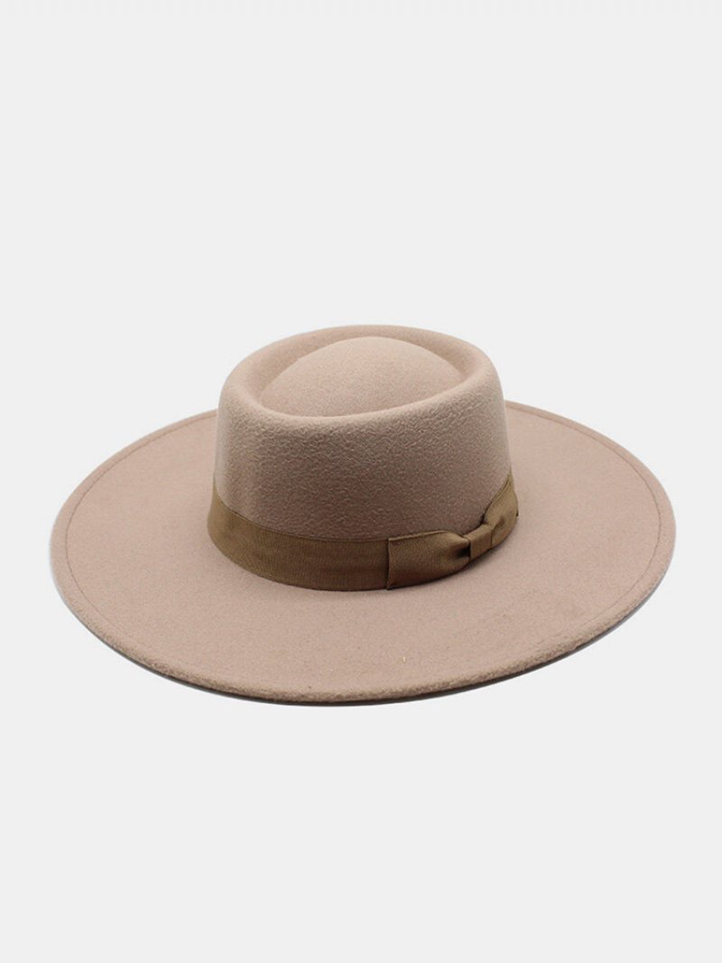 Unisex Wełniany Filc W Jednolitym Kolorze Bandaż Bowknot Dekoracja Wklęsła Górna Czapka Fedora