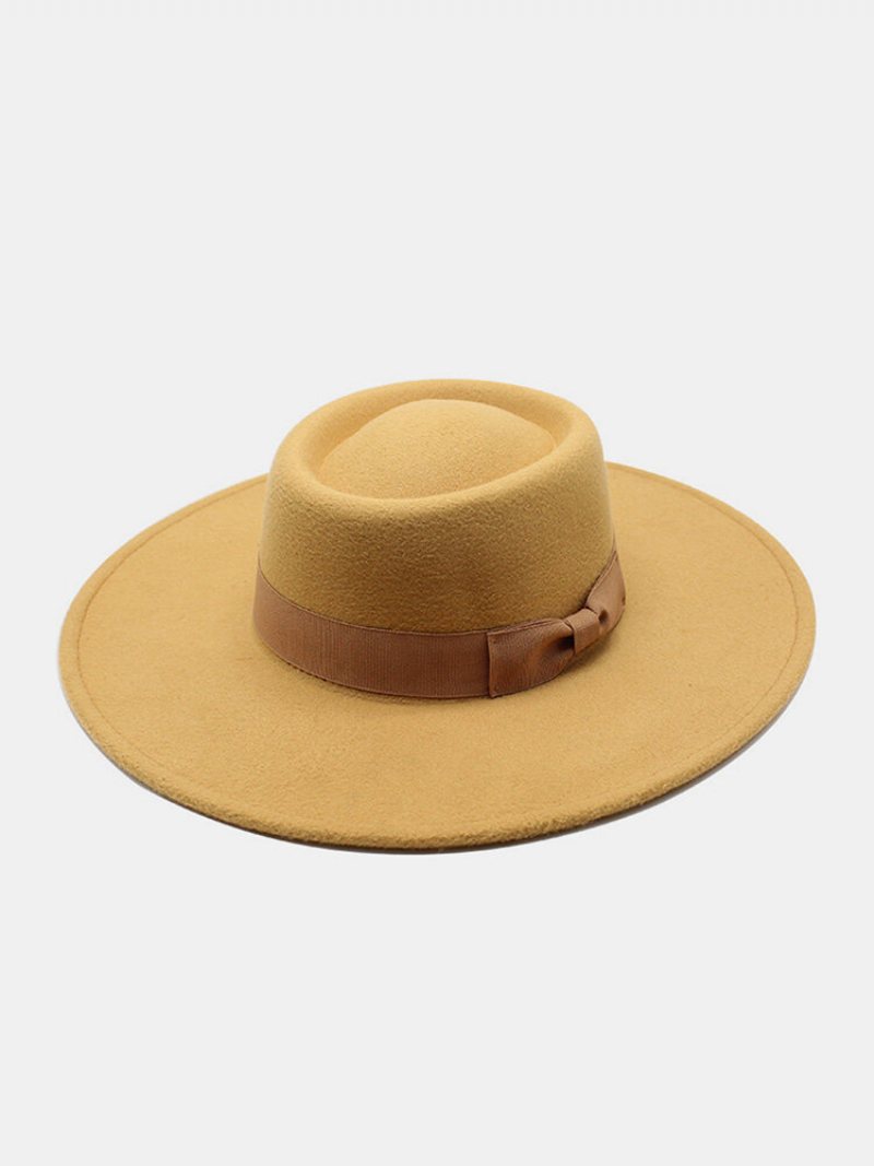 Unisex Wełniany Filc W Jednolitym Kolorze Bandaż Bowknot Dekoracja Wklęsła Górna Czapka Fedora