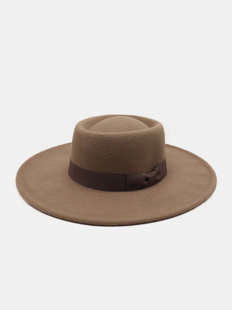 Unisex Wełniany Filc W Jednolitym Kolorze Bandaż Bowknot Dekoracja Wklęsła Górna Czapka Fedora