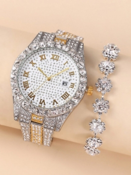 2 Szt./zestaw Alloy Rhinestone Women Casual Watch Zdobiona Wskazówka Bransoletka Do Zegarka Kwarcowego