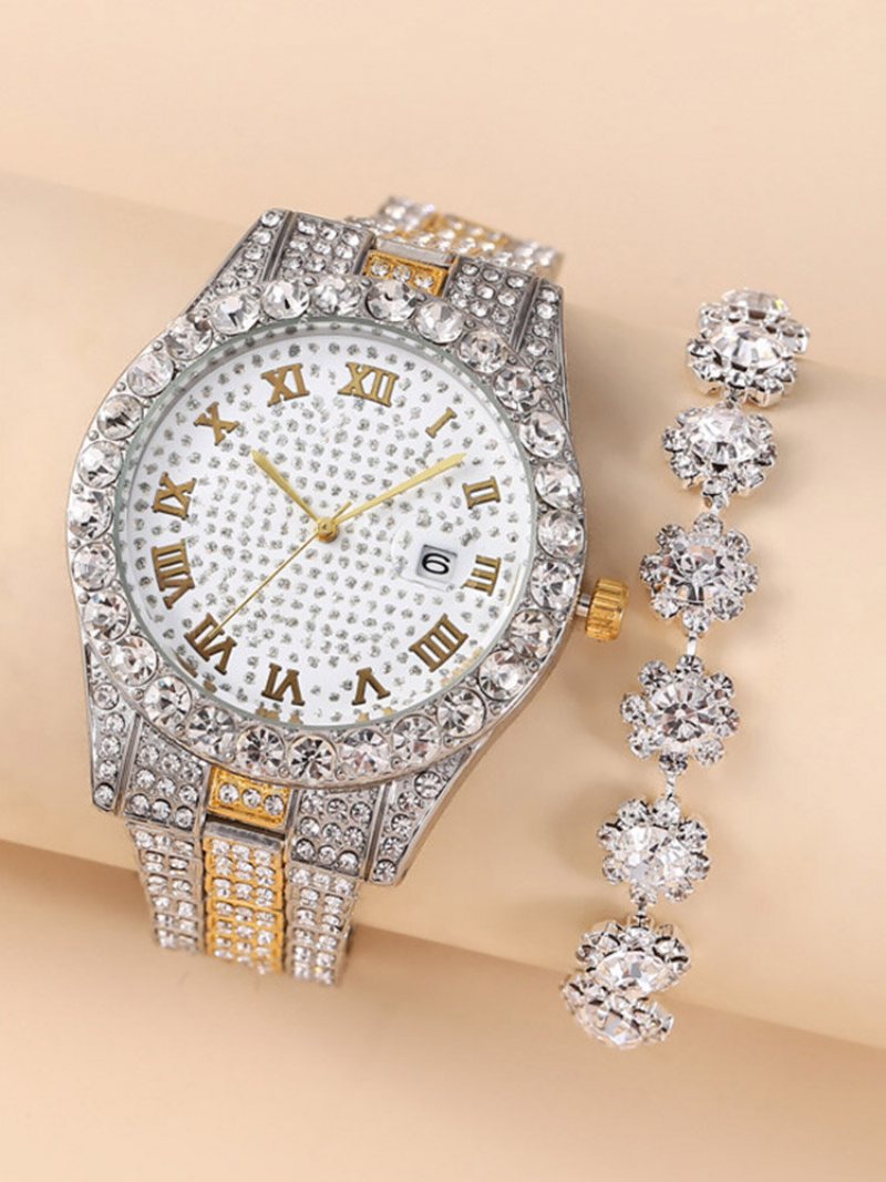 2 Szt./zestaw Alloy Rhinestone Women Casual Watch Zdobiona Wskazówka Bransoletka Do Zegarka Kwarcowego