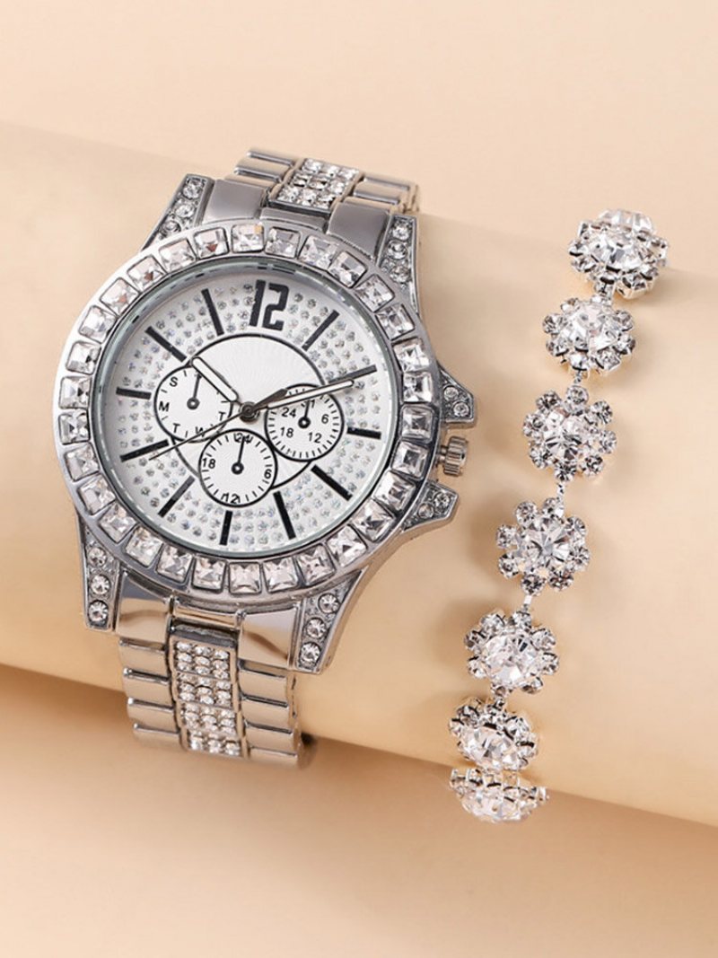 2 Szt./zestaw Alloy Rhinestone Women Casual Watch Zdobiona Wskazówka Bransoletka Do Zegarka Kwarcowego