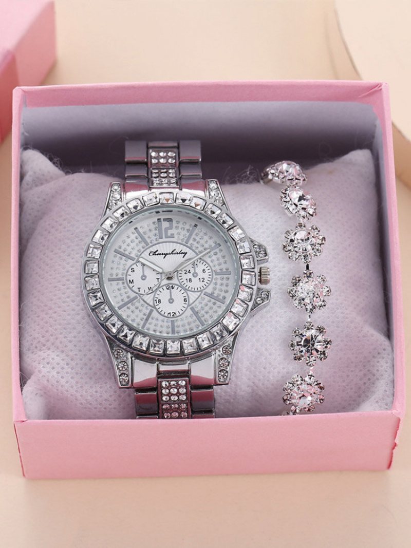 2 Szt./zestaw Alloy Rhinestone Women Casual Watch Zdobiona Wskazówka Bransoletka Do Zegarka Kwarcowego