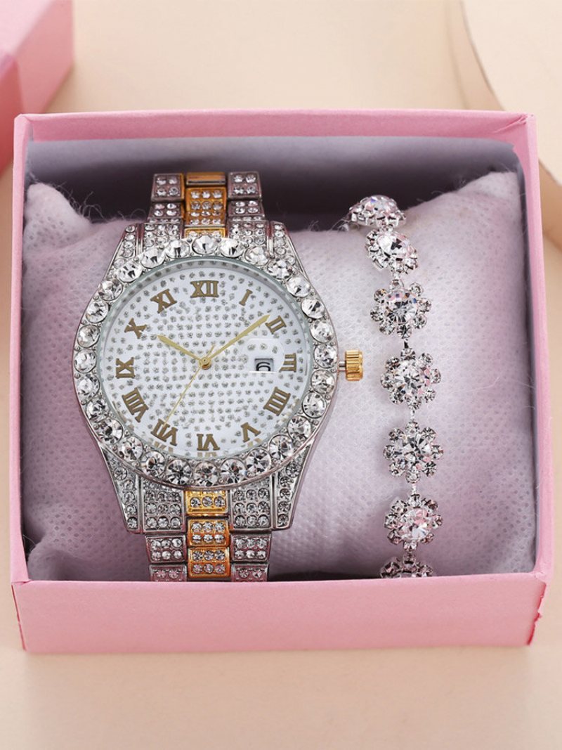 2 Szt./zestaw Alloy Rhinestone Women Casual Watch Zdobiona Wskazówka Bransoletka Do Zegarka Kwarcowego