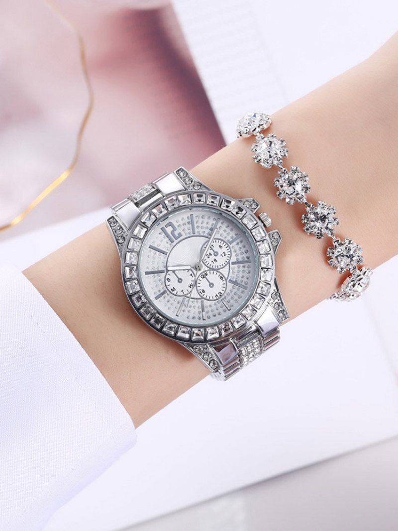 2 Szt./zestaw Alloy Rhinestone Women Casual Watch Zdobiona Wskazówka Bransoletka Do Zegarka Kwarcowego