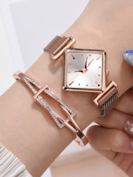 2 Sztuk/zestaw Alloy Women Vintage Romb Dial Watch Zdobiony Wskaźnik Zegarek Kwarcowy Hollow Inkrustowane Dżetów Bransoletka