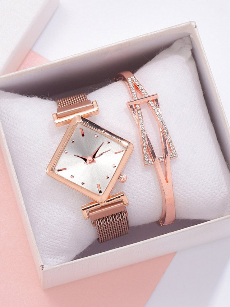 2 Sztuk/zestaw Alloy Women Vintage Romb Dial Watch Zdobiony Wskaźnik Zegarek Kwarcowy Hollow Inkrustowane Dżetów Bransoletka