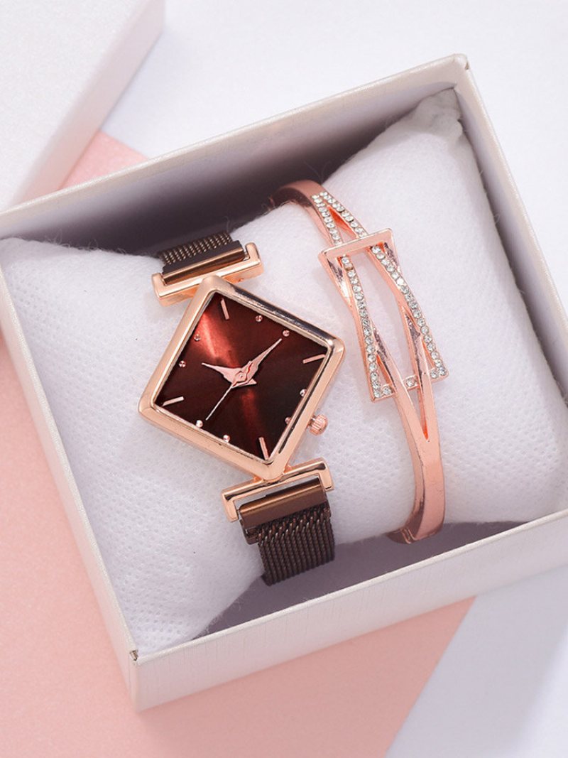 2 Sztuk/zestaw Alloy Women Vintage Romb Dial Watch Zdobiony Wskaźnik Zegarek Kwarcowy Hollow Inkrustowane Dżetów Bransoletka