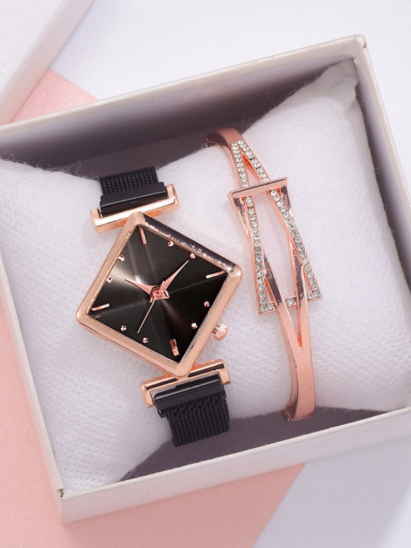 2 Sztuk/zestaw Alloy Women Vintage Romb Dial Watch Zdobiony Wskaźnik Zegarek Kwarcowy Hollow Inkrustowane Dżetów Bransoletka