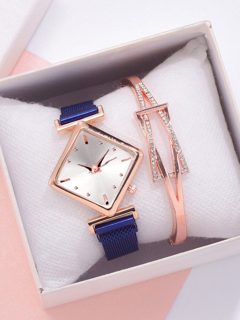 2 Sztuk/zestaw Alloy Women Vintage Romb Dial Watch Zdobiony Wskaźnik Zegarek Kwarcowy Hollow Inkrustowane Dżetów Bransoletka