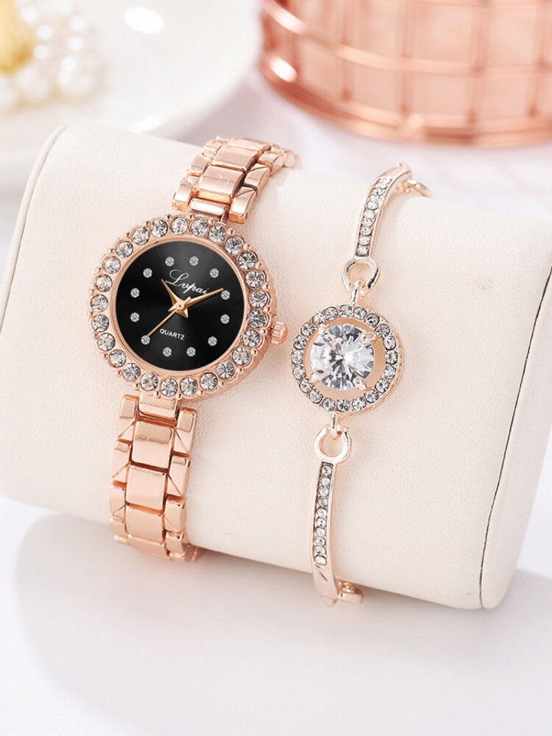 2 Sztuk / Zestaw Kobiety Trendy Inkrustowane Rhinestone Mały Zegarek Z Tarczą Zdobiony Wskaźnik Kwarcowy Pełna Bransoletka Z Kryształów Górskich