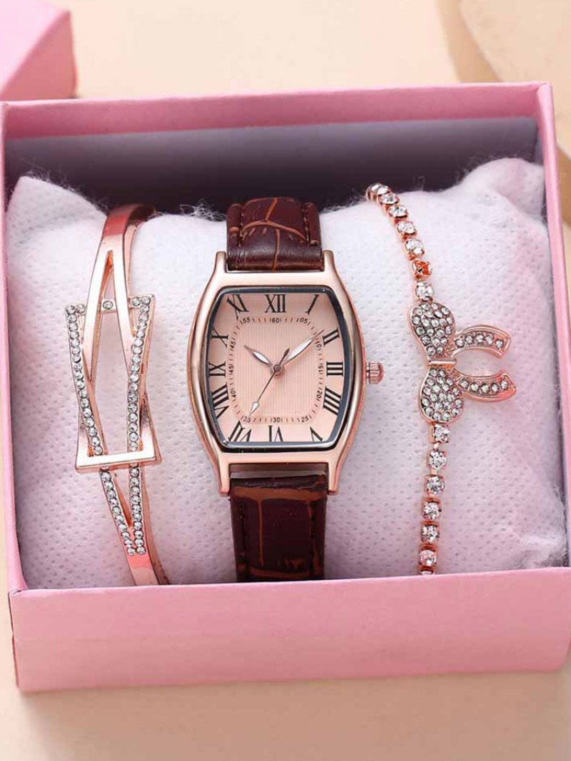 3 Szt./zestaw Pu Alloy Women Business Casual Watch Zdobione Wskazówki Kwarcowe Bransoletki Do Zegarków