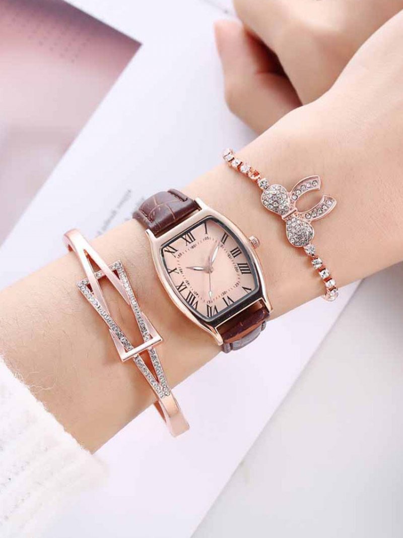 3 Szt./zestaw Pu Alloy Women Business Casual Watch Zdobione Wskazówki Kwarcowe Bransoletki Do Zegarków