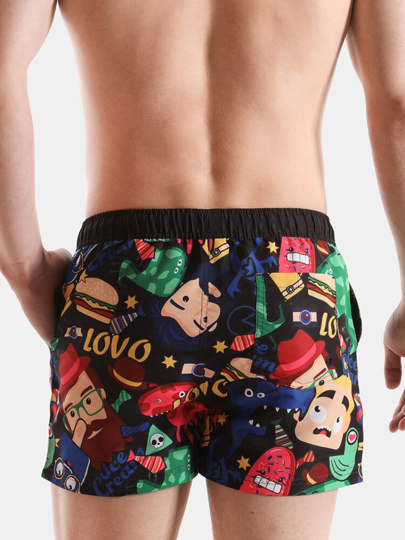 Cartoon Pattern Print Kąpielówki Zabawny Styl Szybkoschnący Wakacyjny Strój Kąpielowy Dla Mężczyzn