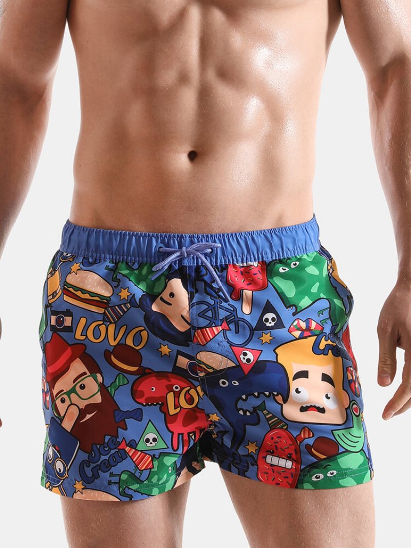 Cartoon Pattern Print Kąpielówki Zabawny Styl Szybkoschnący Wakacyjny Strój Kąpielowy Dla Mężczyzn